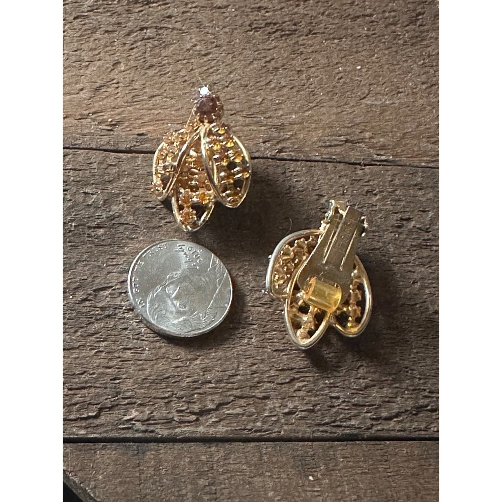 Vintage Hobe Gold Tone‎ Bees Clip-On Earrings With Rhinestones - Picture 4 of 9
